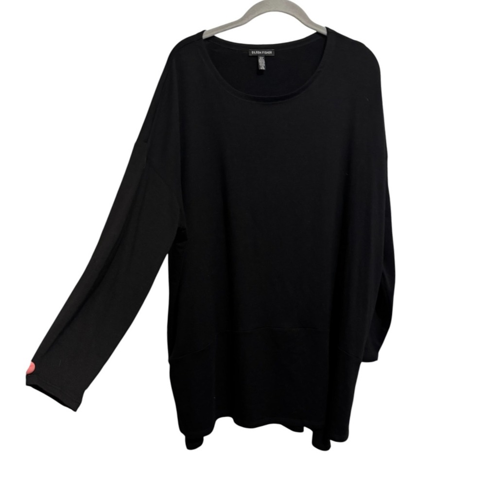Eileen Fisher Tunic Top Women's L/XL Black Minimalist Tencel Stretch Oversized
